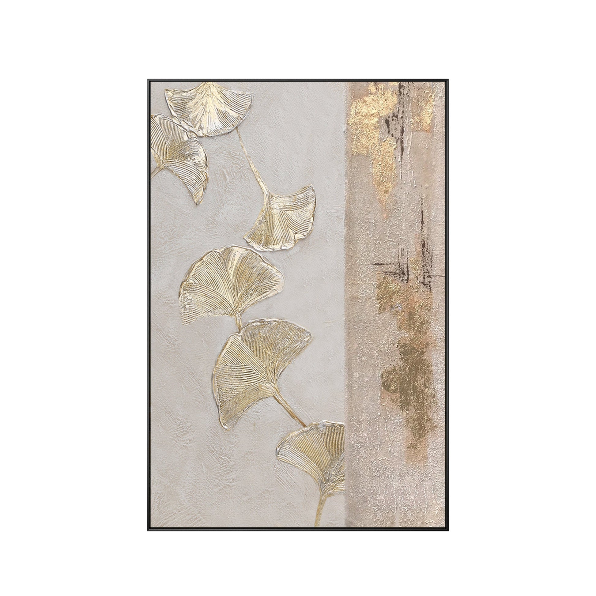 Gold Foil Ginkgo Leaf Painting: Abstract Textured Canvas Wall Art #9