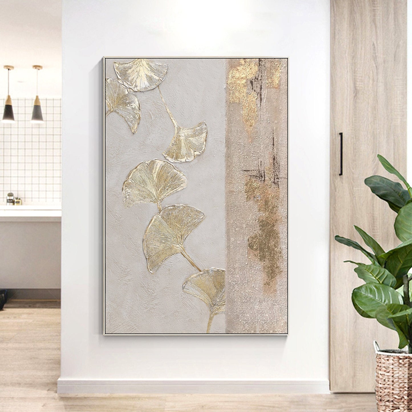 Gold Foil Ginkgo Leaf Painting: Abstract Textured Canvas Wall Art #1