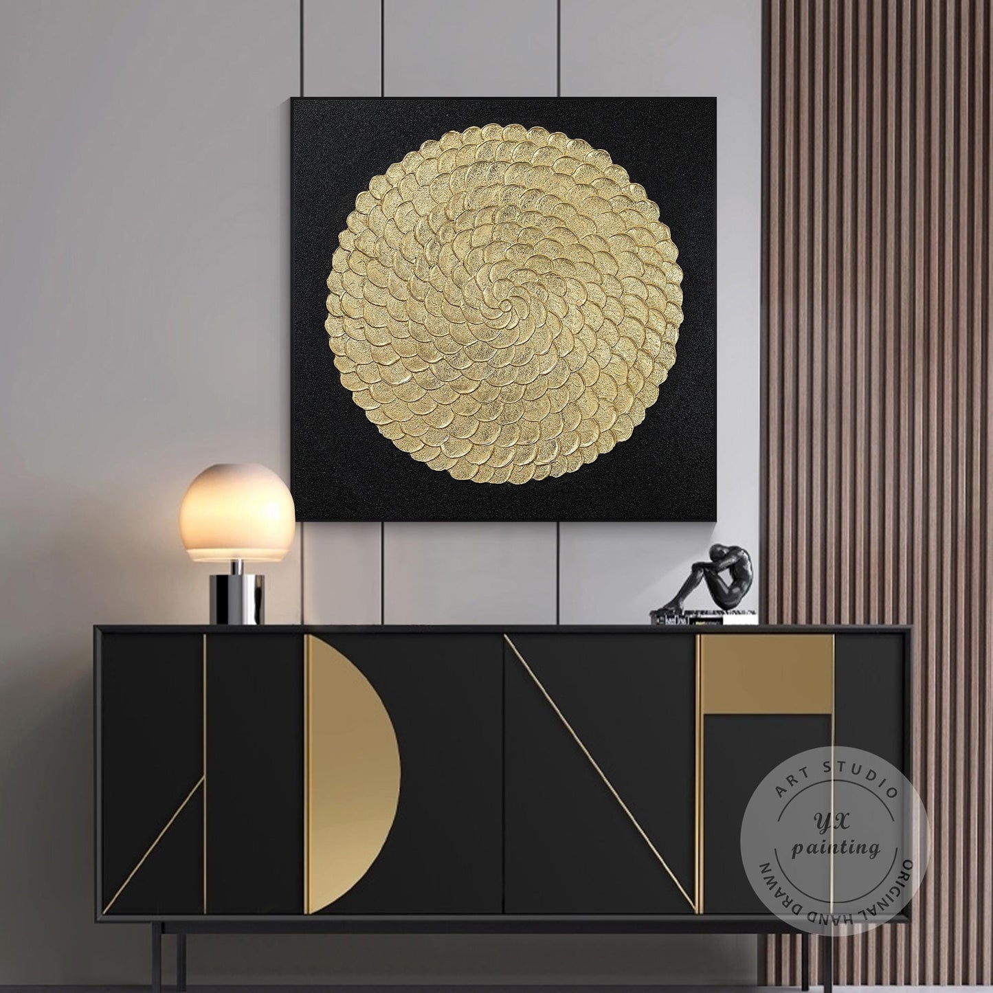 Gold Foil Luxury Abstract 3D Textured Flower large Wall Art Original Black Gold  #2