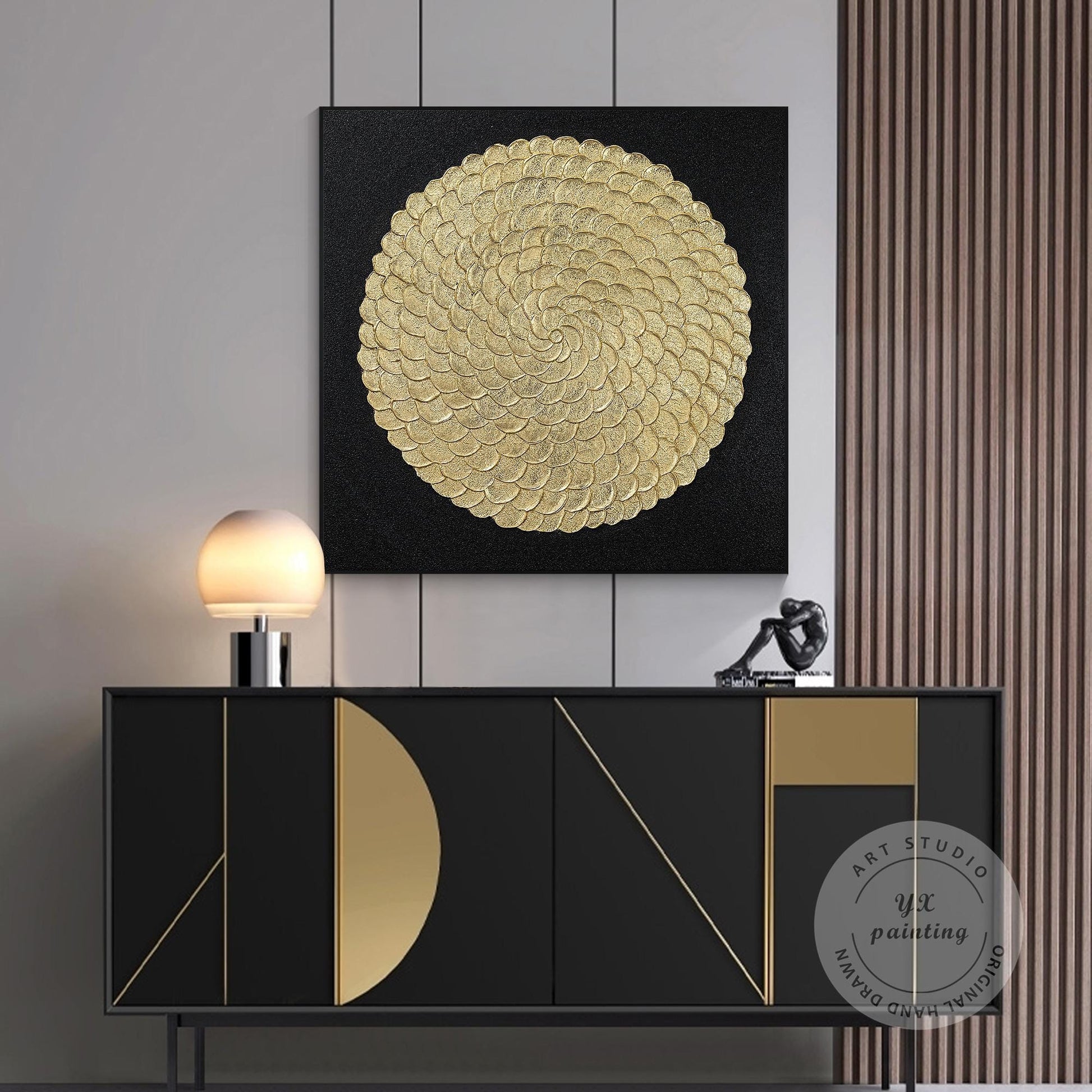 Gold Foil Luxury Abstract 3D Textured Flower large Wall Art Original Black Gold  #2