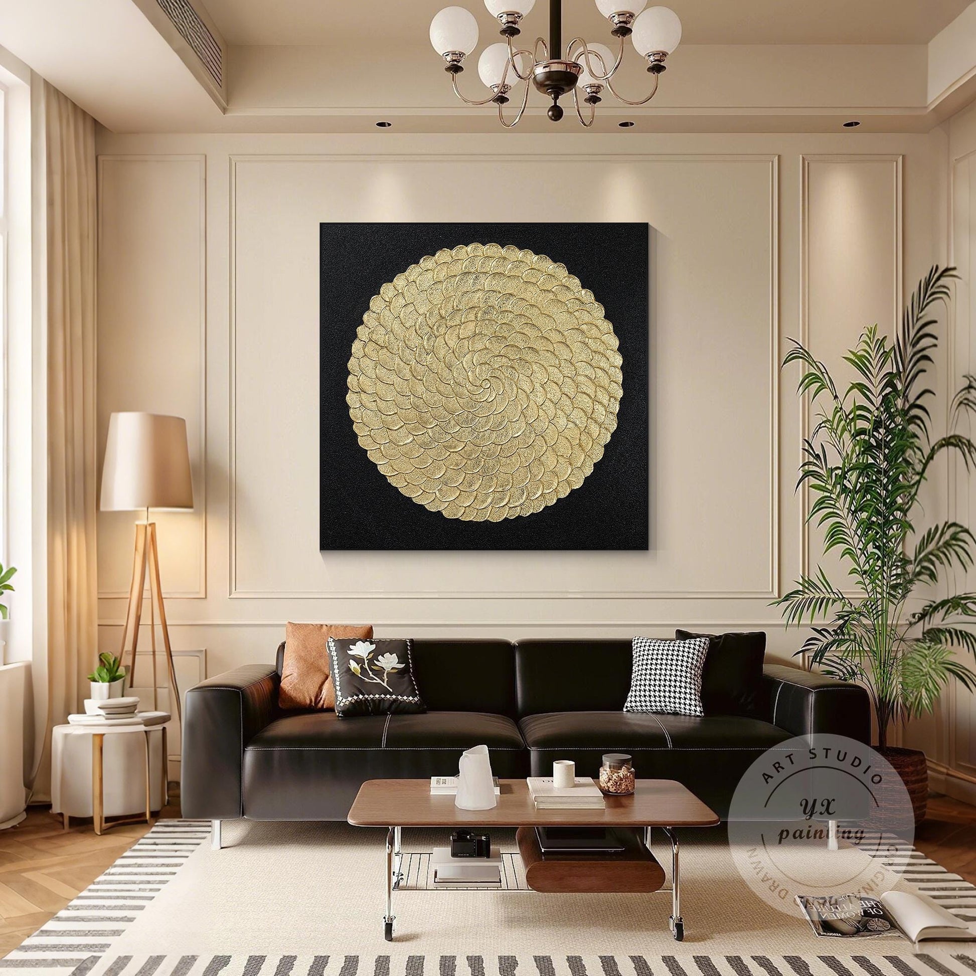 Gold Foil Luxury Abstract 3D Textured Flower large Wall Art Original Black Gold  #3