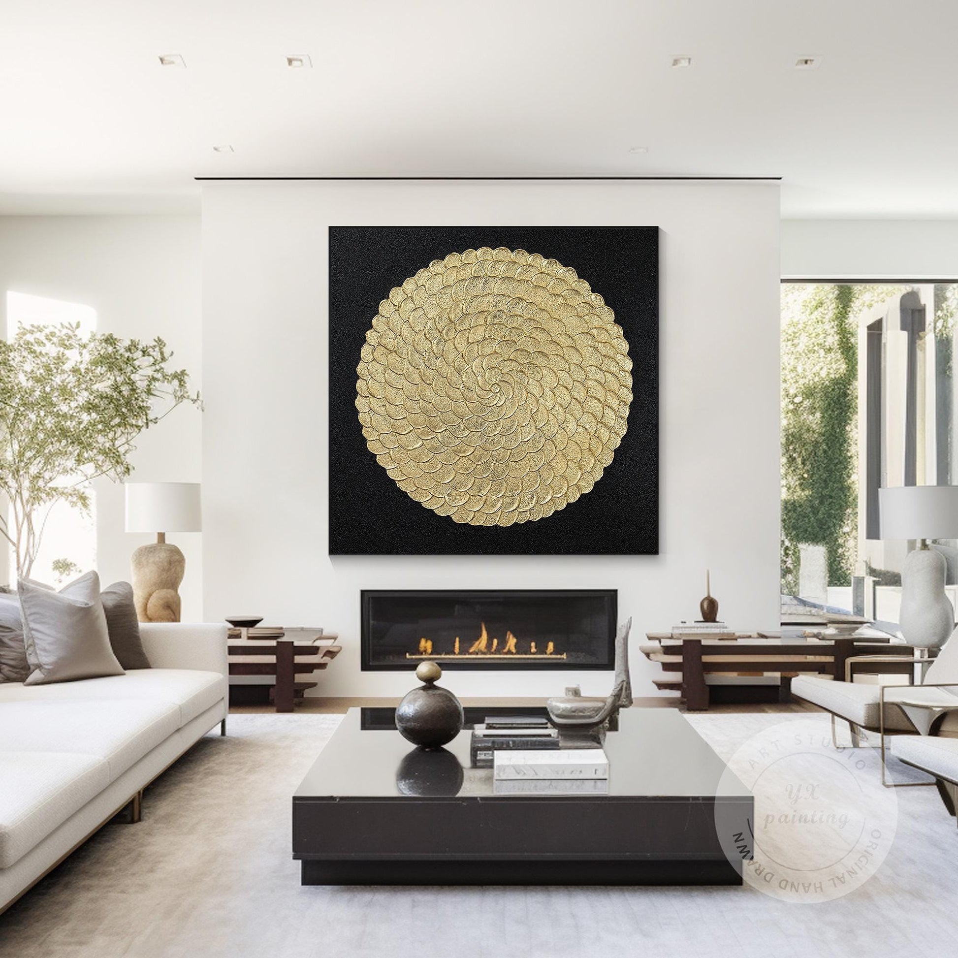 Gold Foil Luxury Abstract 3D Textured Flower large Wall Art Original Black Gold  #5