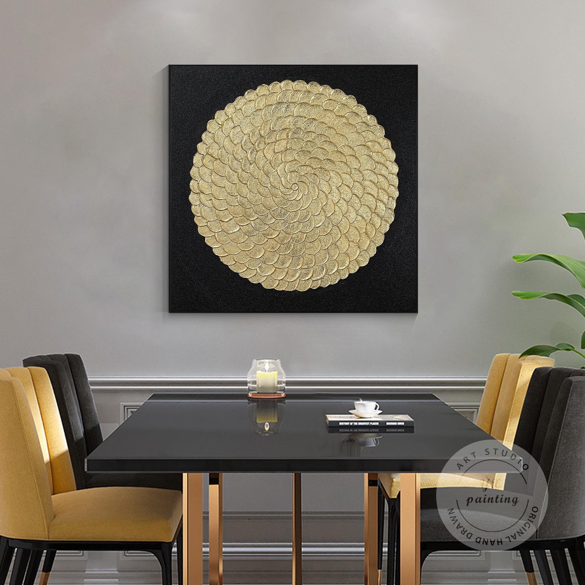 Gold Foil Luxury Abstract 3D Textured Flower large Wall Art Original Black Gold  #1