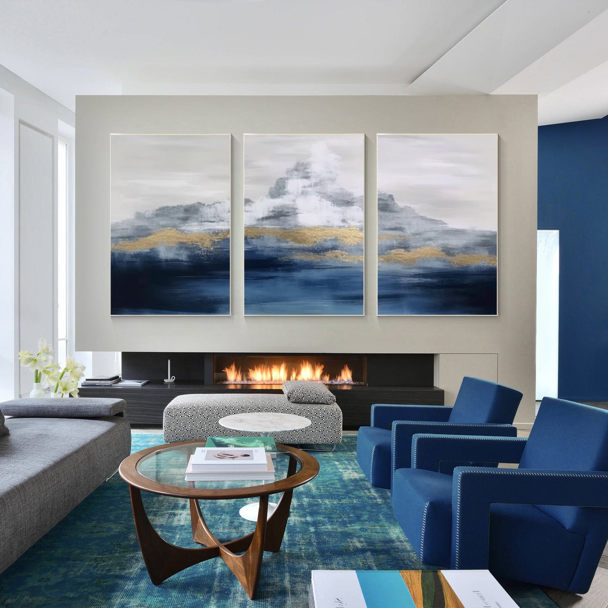 Gold Foil Mountain Painting Set: Navy Blue Abstract Canvas Art #5
