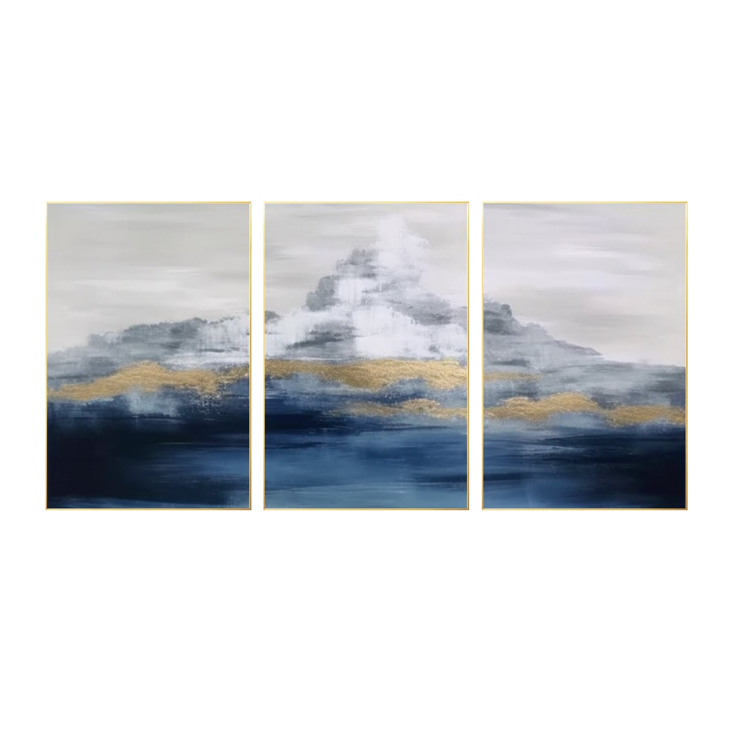 Gold Foil Mountain Painting Set: Navy Blue Abstract Canvas Art #6