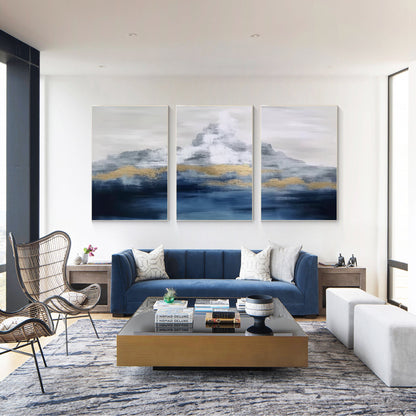 Gold Foil Mountain Painting Set: Navy Blue Abstract Canvas Art #1