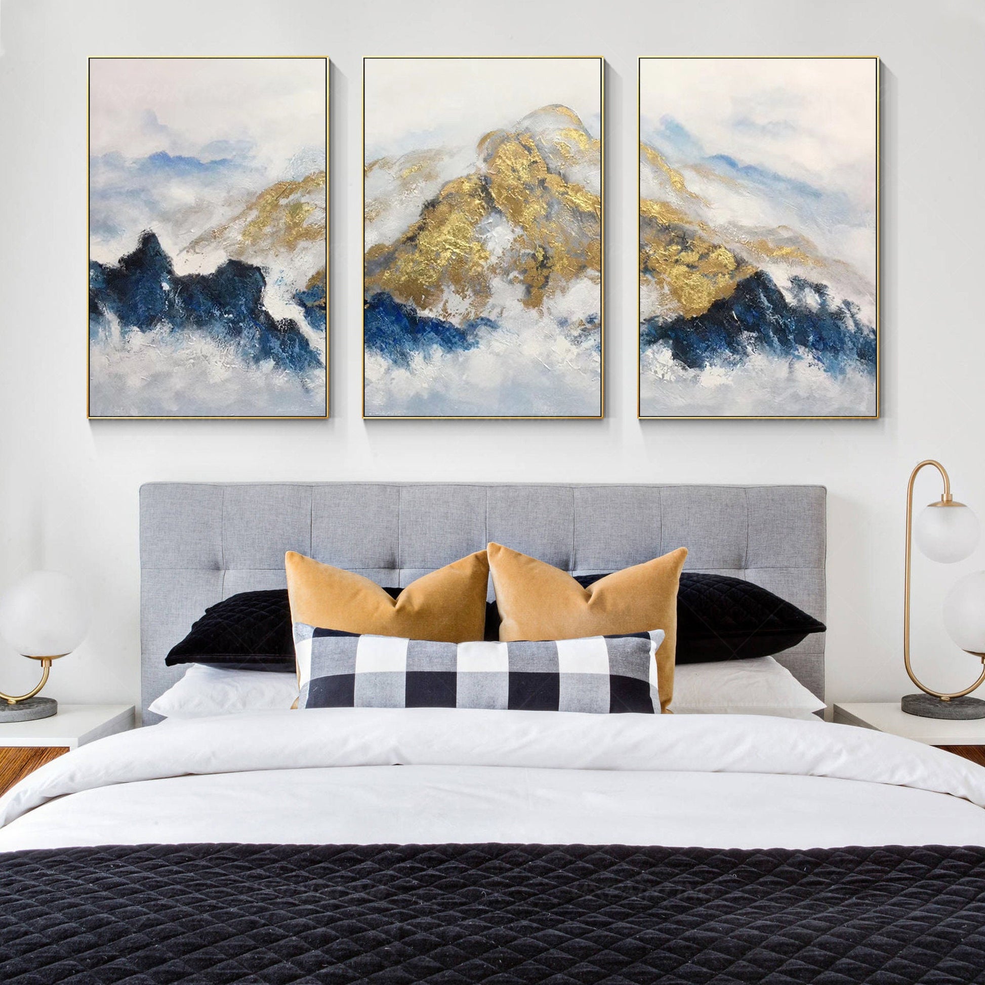 Gold Foil Mountain Painting Set: Navy Blue Landscape Canvas Art #3