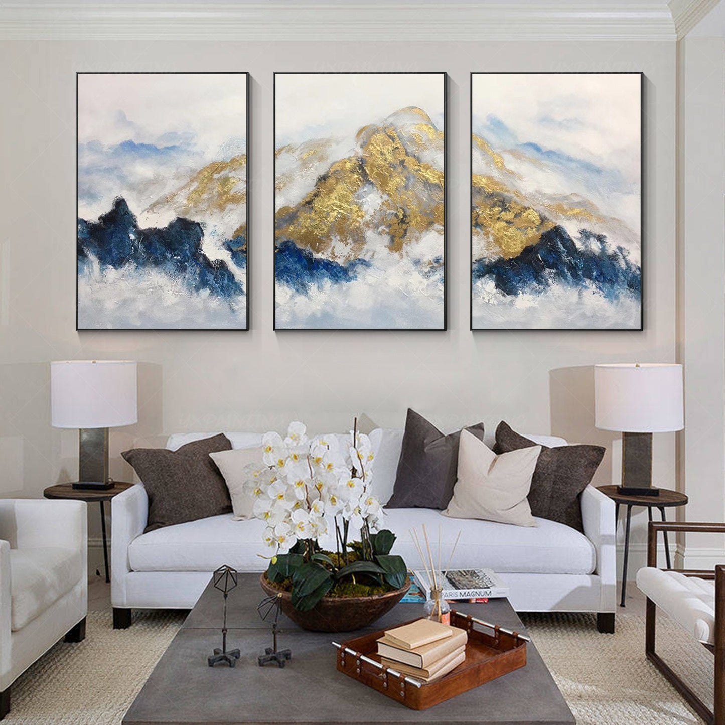 Gold Foil Mountain Painting Set: Navy Blue Landscape Canvas Art #5