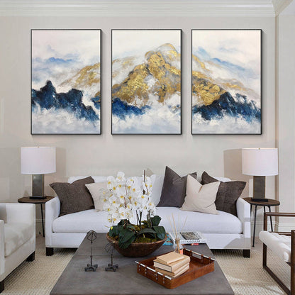 Gold Foil Mountain Painting Set: Navy Blue Landscape Canvas Art #5