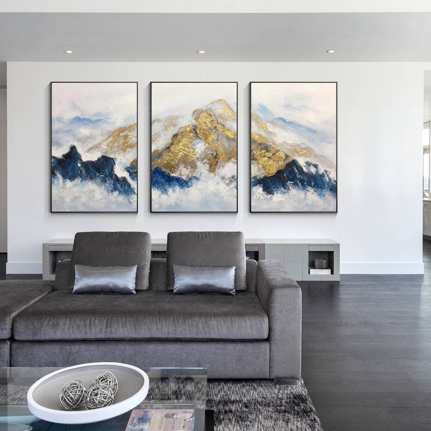 Gold Foil Mountain Painting Set: Navy Blue Landscape Canvas Art #6