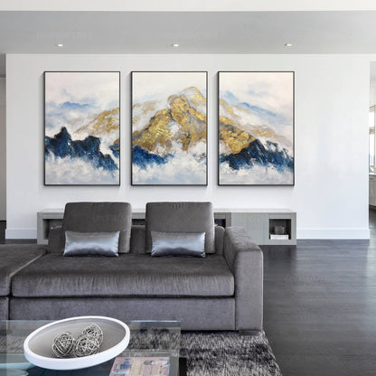 Gold Foil Mountain Painting Set: Navy Blue Landscape Canvas Art #6
