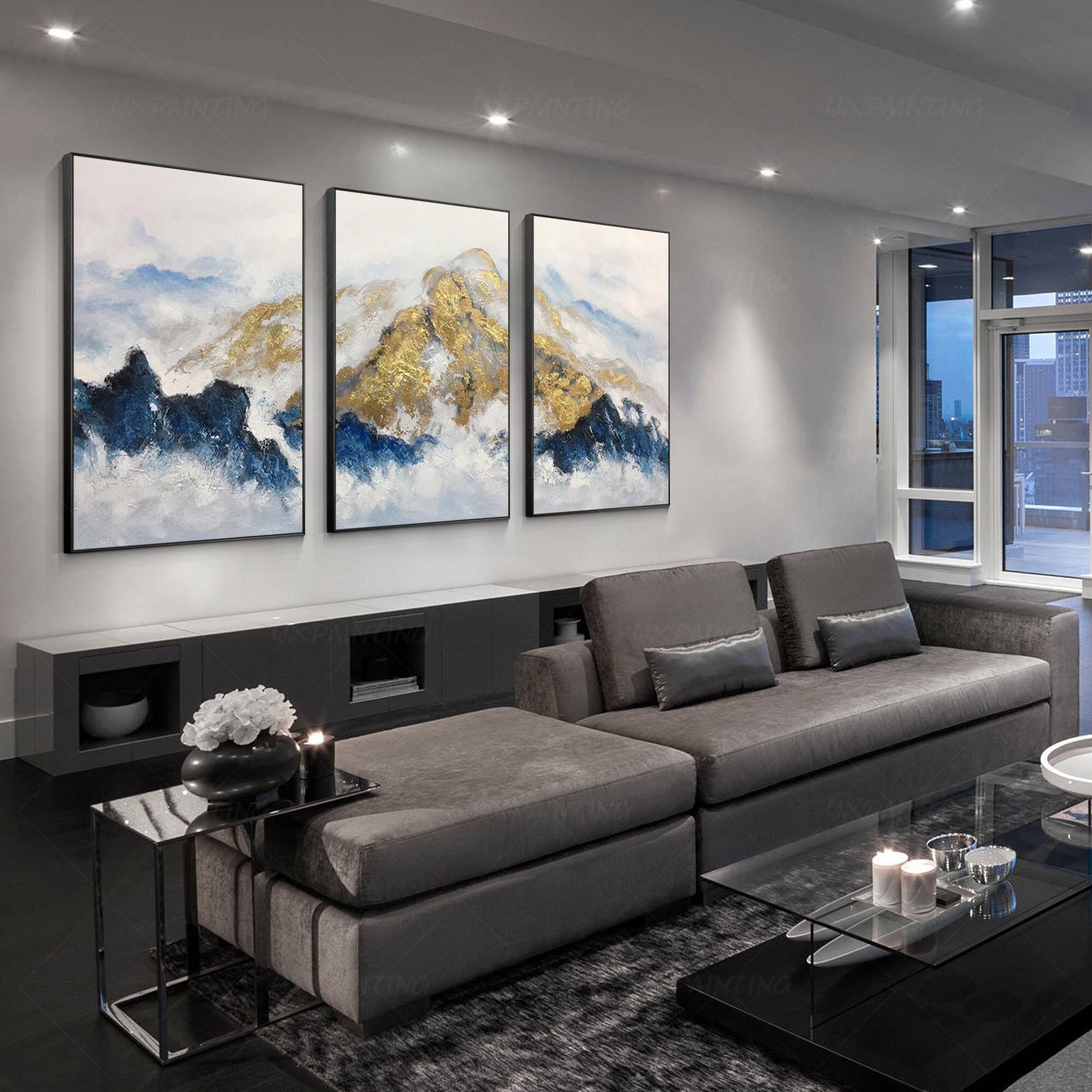 Gold Foil Mountain Painting Set: Navy Blue Landscape Canvas Art #1