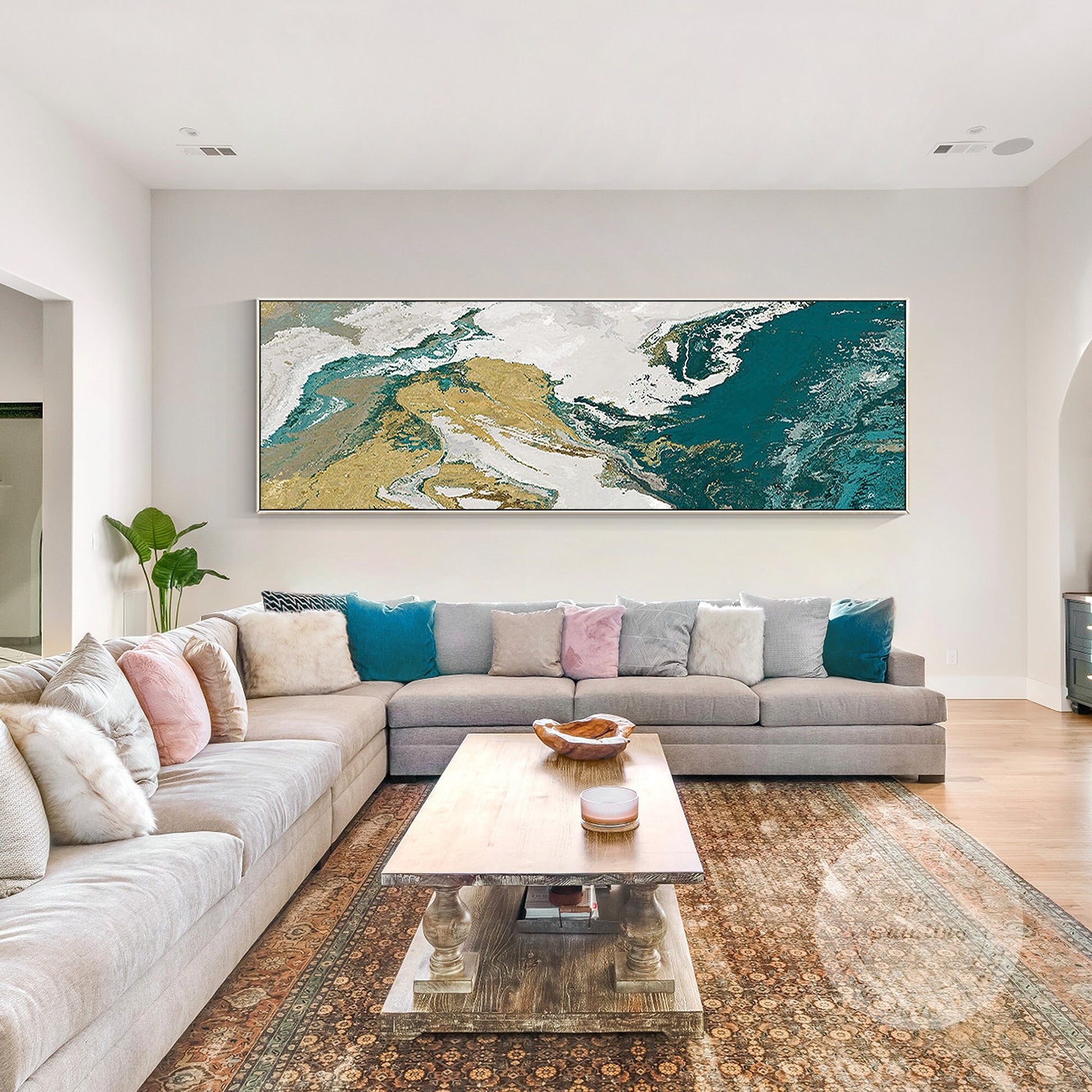 Gold Green Abstract Landscape Painting: Extra Large Canvas Wall Art #2