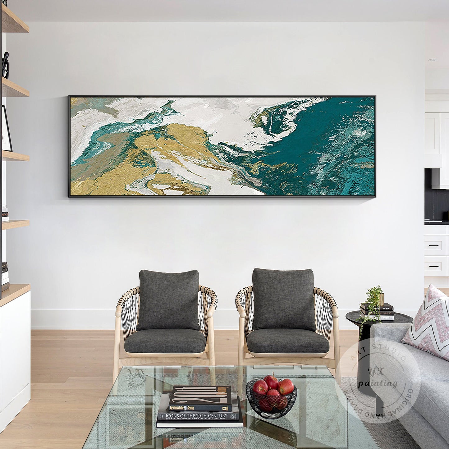 Gold Green Abstract Landscape Painting: Extra Large Canvas Wall Art #4