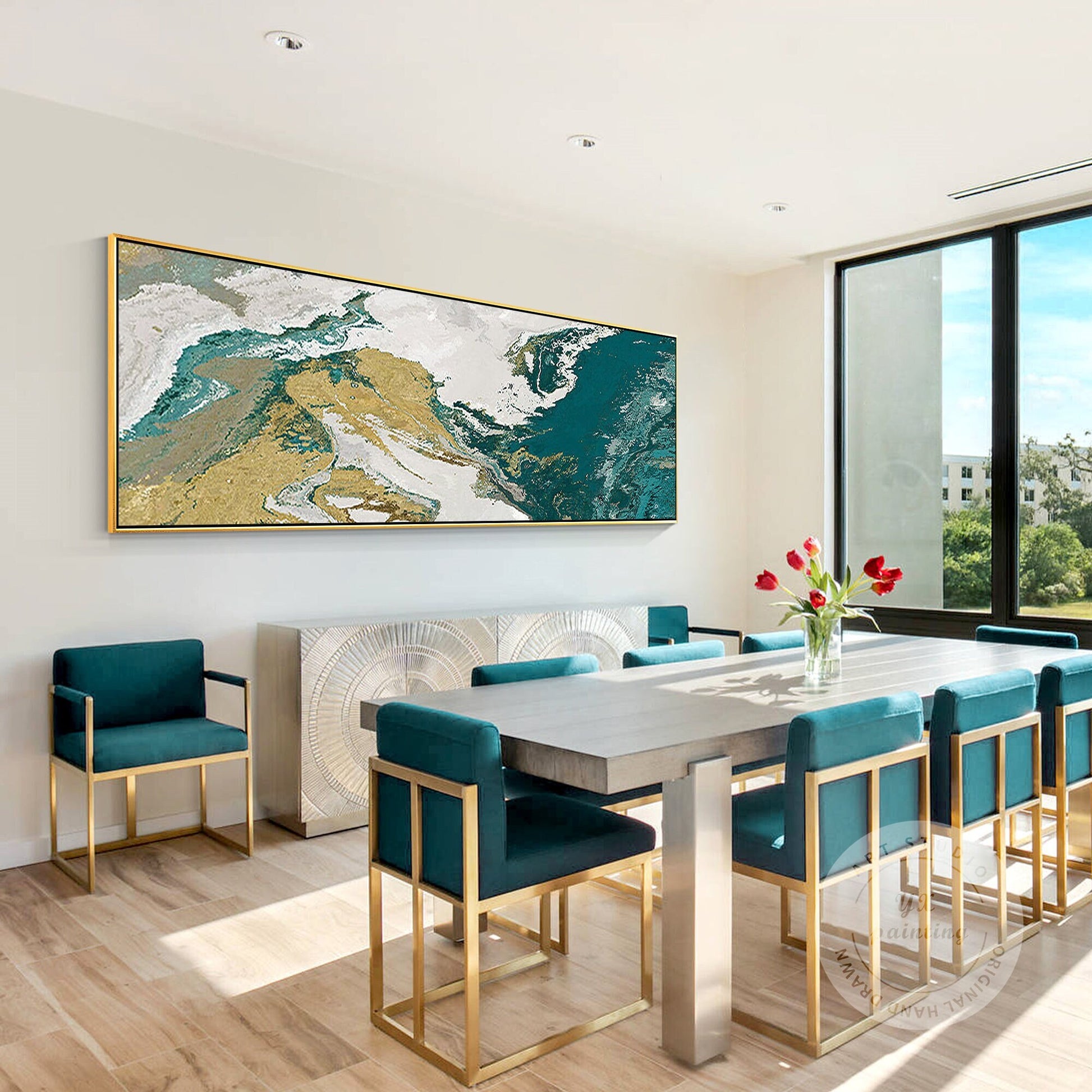 Gold Green Abstract Landscape Painting: Extra Large Canvas Wall Art #1