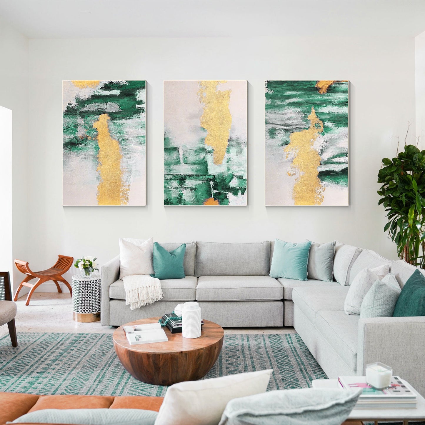 Gold Green Abstract Painting Set: Original Canvas Wall Art #2