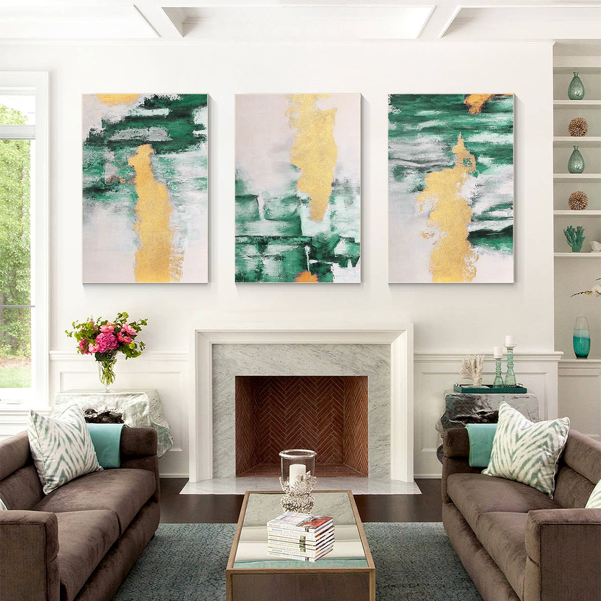 Gold Green Abstract Painting Set: Original Canvas Wall Art #4