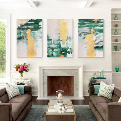 Gold Green Abstract Painting Set: Original Canvas Wall Art #4
