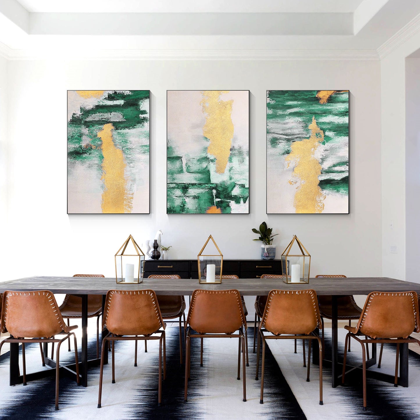 Gold Green Abstract Painting Set: Original Canvas Wall Art #5