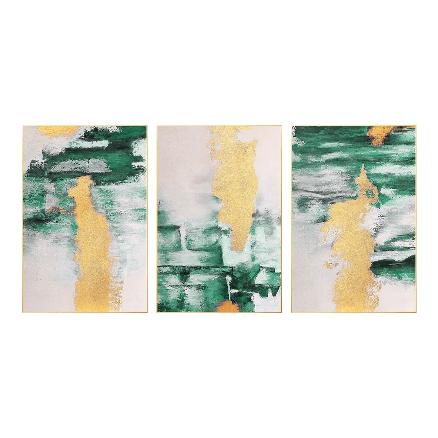 Gold Green Abstract Painting Set: Original Canvas Wall Art #7