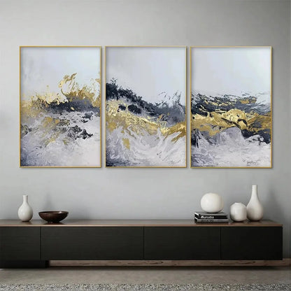 GOLD & GREY ABSTRACT TRIPTYCH: Abstract Painting Set of 3, Vertical Wall Art | Abstract closeup, raised brushwork detail