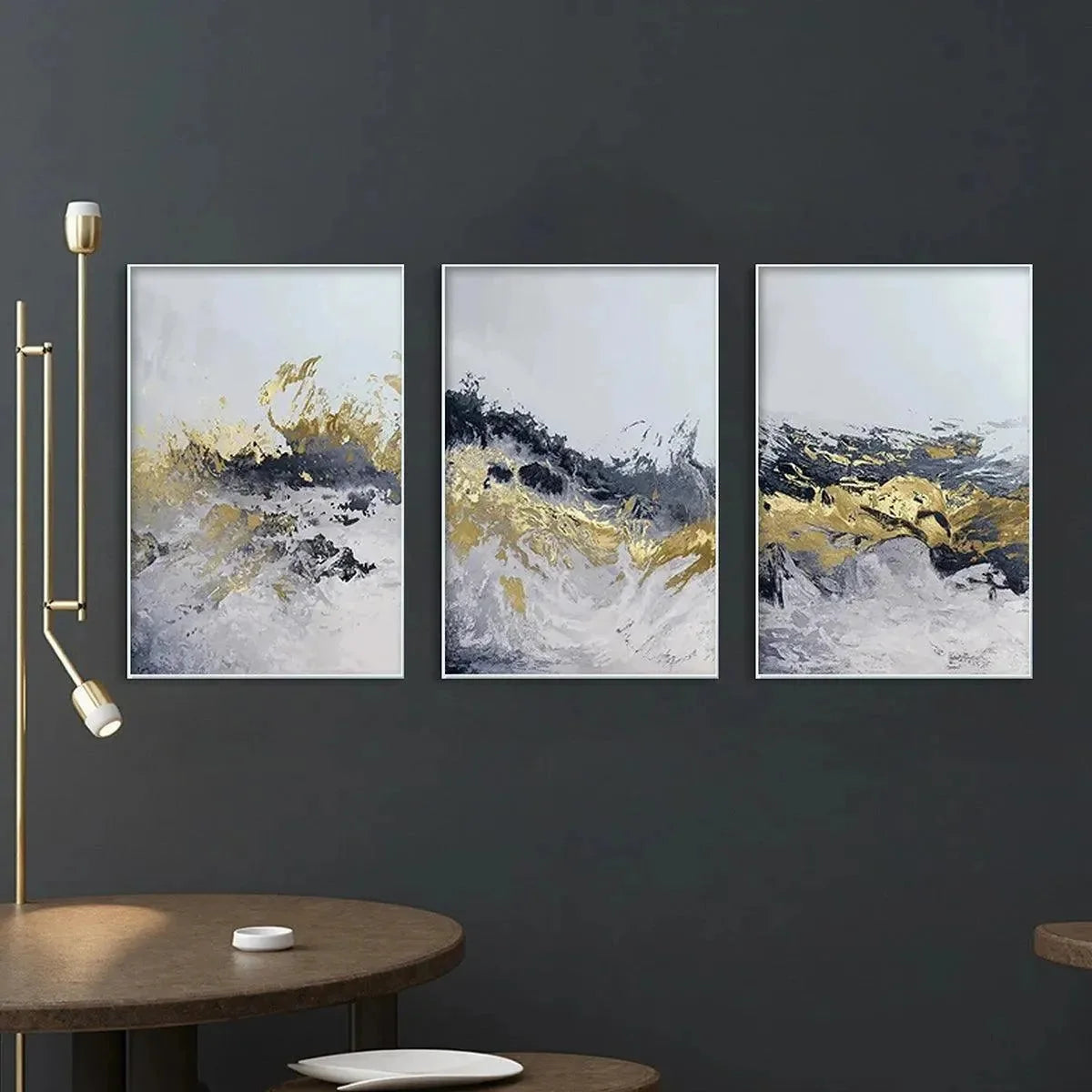 GOLD & GREY ABSTRACT TRIPTYCH: Abstract Painting Set of 3, Vertical Wall Art | gold frame stretched on neutral wall