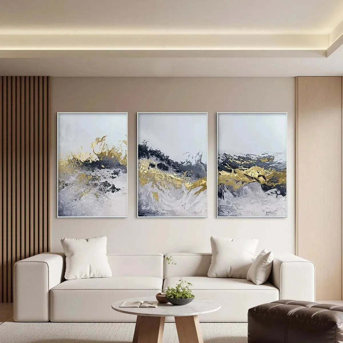 GOLD & GREY ABSTRACT TRIPTYCH: Abstract Painting Set of 3, Vertical Wall Art | rolled canvas, ready for custom framing