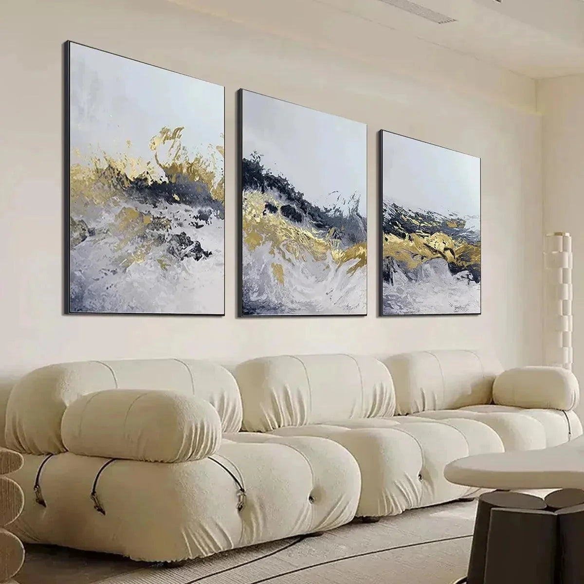 GOLD & GREY ABSTRACT TRIPTYCH: Abstract Painting Set of 3, Vertical Wall Art | black frame version on white wall