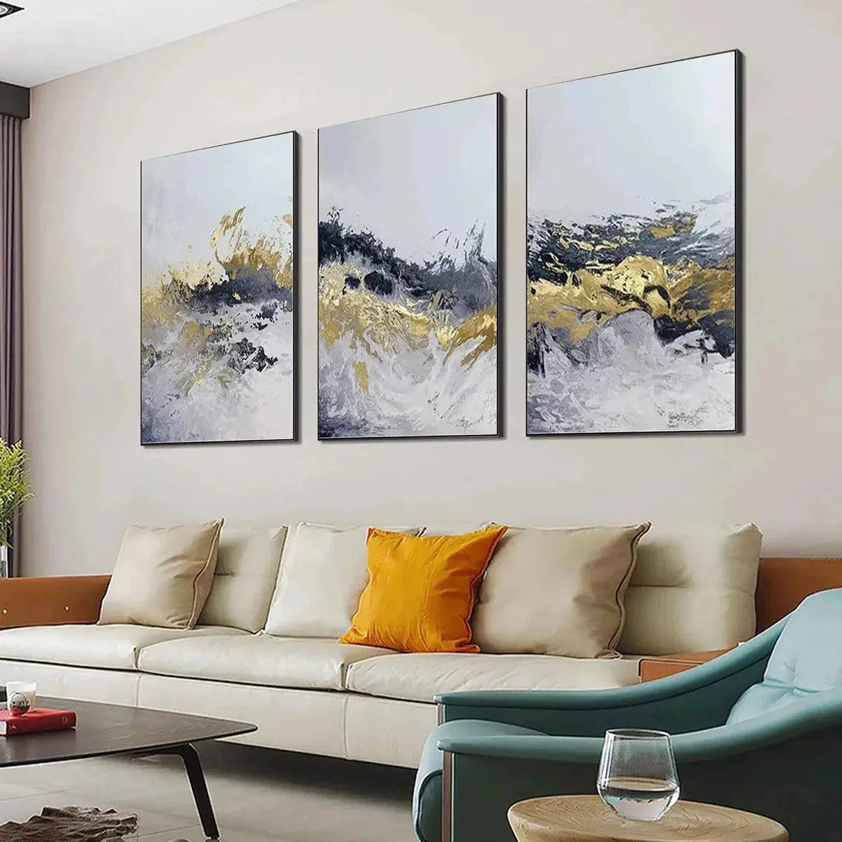 GOLD & GREY ABSTRACT TRIPTYCH: Abstract Painting Set of 3, Vertical Wall Art | Abstract mood, soft natural light studio shot