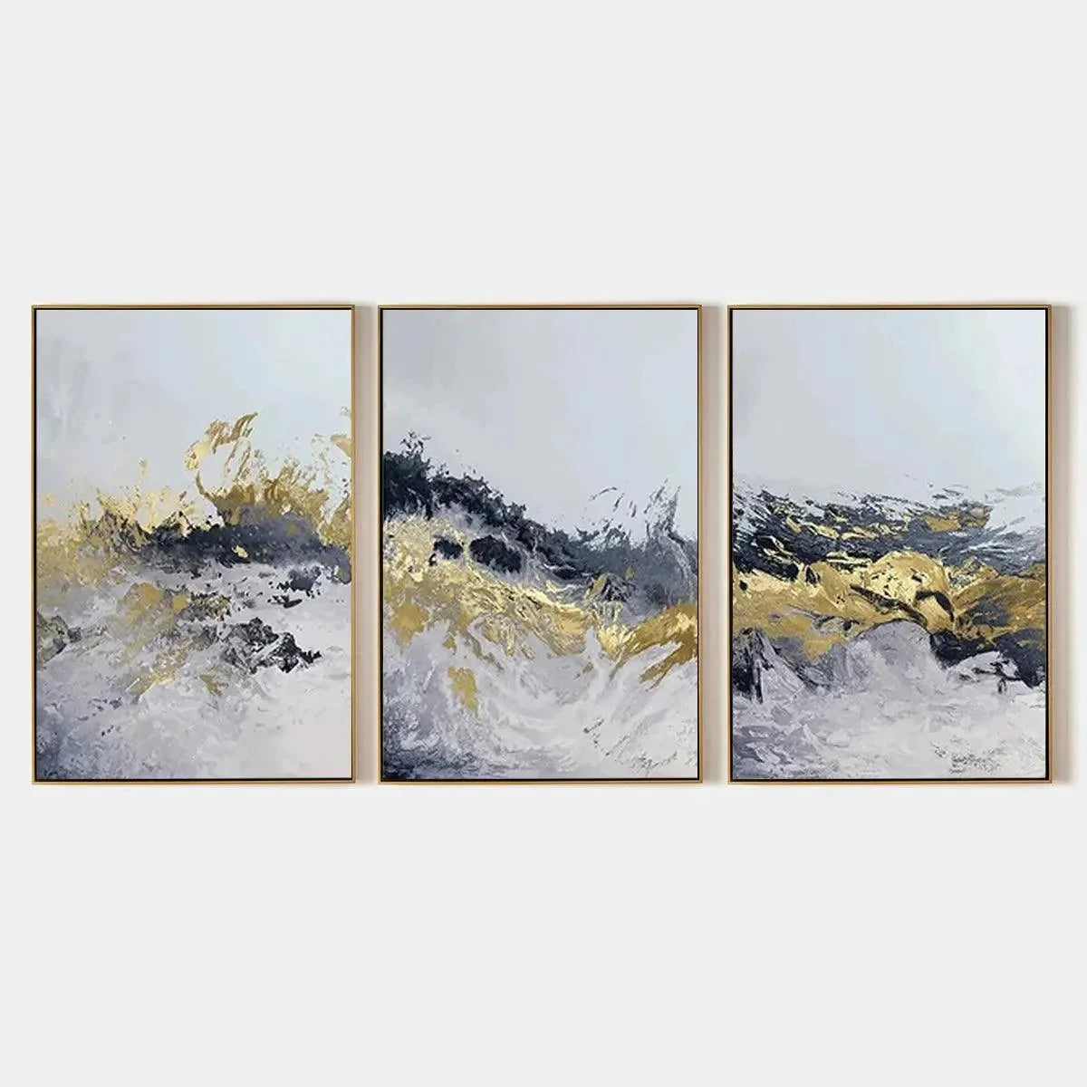 GOLD & GREY ABSTRACT TRIPTYCH: Abstract Painting Set of 3, Vertical Wall Art | hanging in living room, Abstract wall art