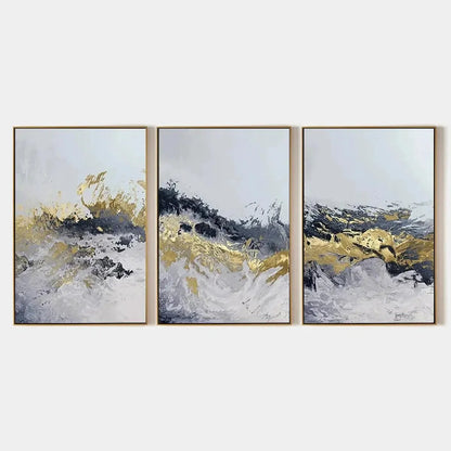 GOLD & GREY ABSTRACT TRIPTYCH: Abstract Painting Set of 3, Vertical Wall Art | hanging in living room, Abstract wall art