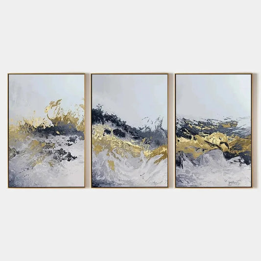 GOLD & GREY ABSTRACT TRIPTYCH: Abstract Painting Set of 3, Vertical Wall Art | hanging in living room, Abstract wall art