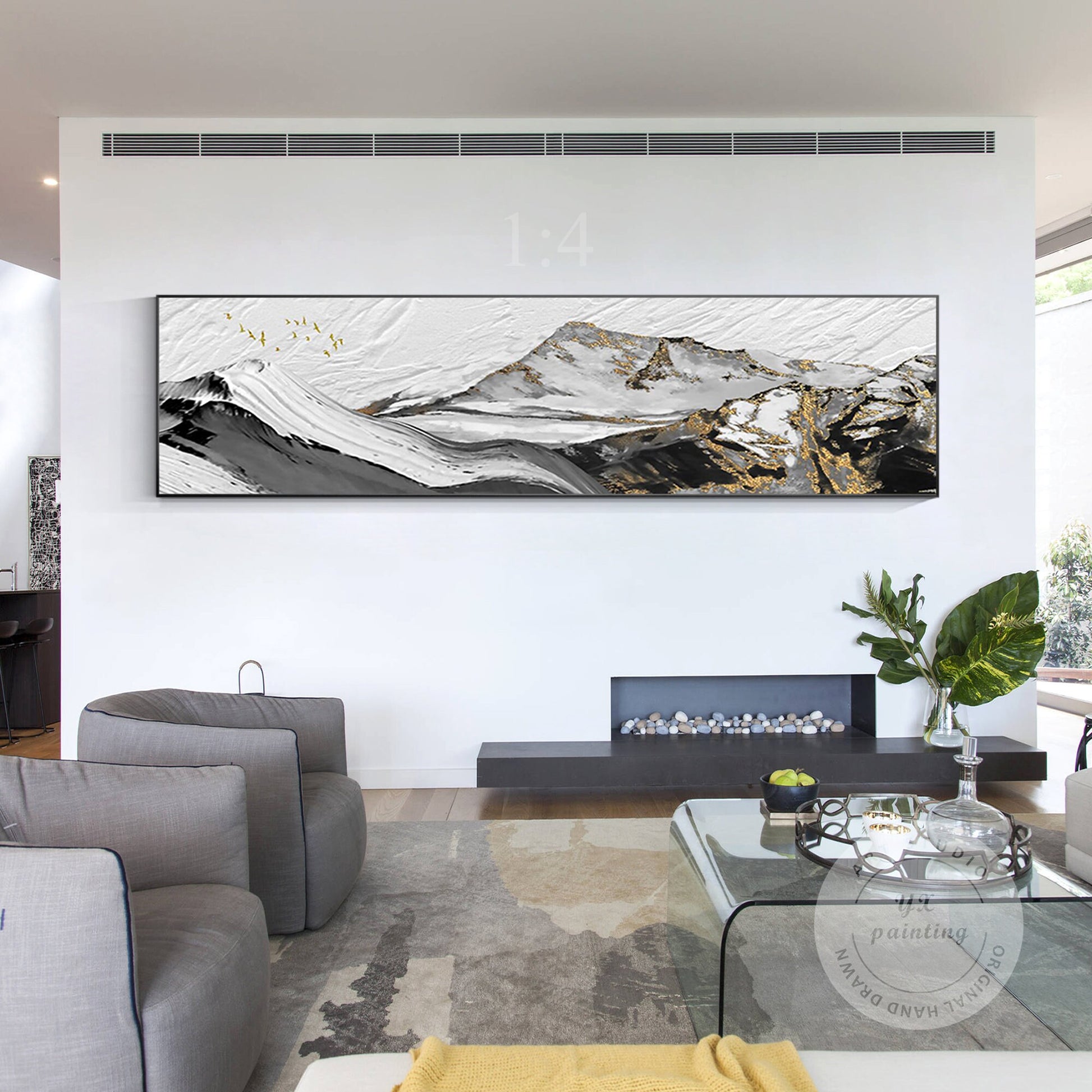 Gold Leaf Abstract Mountain Painting: Long Horizontal Canvas Wall Art #2