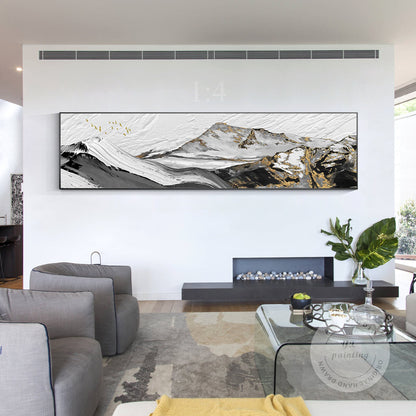 Gold Leaf Abstract Mountain Painting: Long Horizontal Canvas Wall Art #2