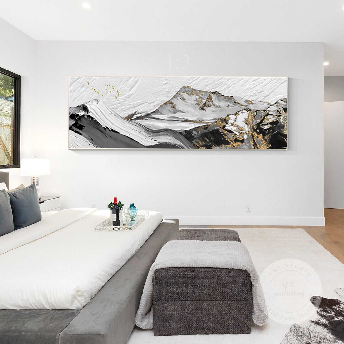 Gold Leaf Abstract Mountain Painting: Long Horizontal Canvas Wall Art #4