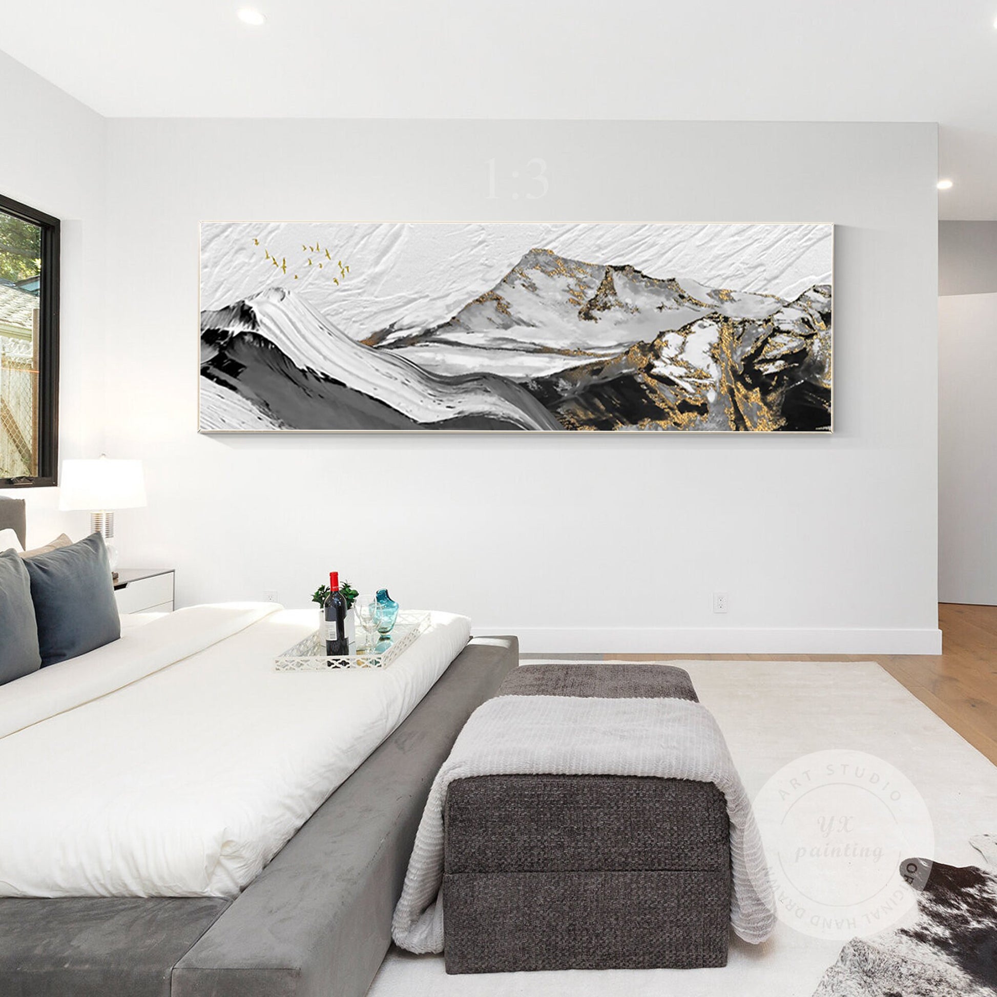 Gold Leaf Abstract Mountain Painting: Long Horizontal Canvas Wall Art #4