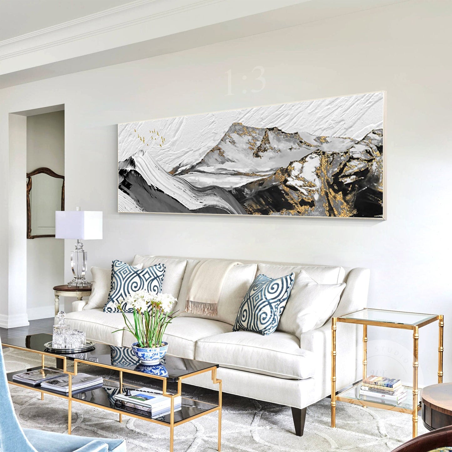 Gold Leaf Abstract Mountain Painting: Long Horizontal Canvas Wall Art #1