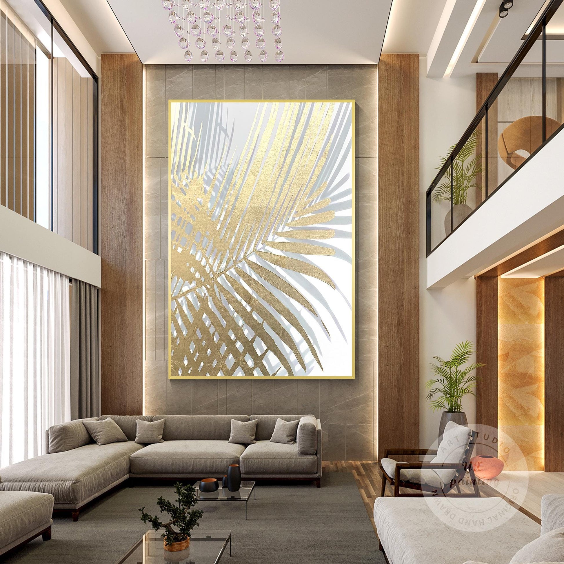Gold Leaf Abstract Painting, Metallic Palm Tree Wall Art, Textured Botanical Can #2