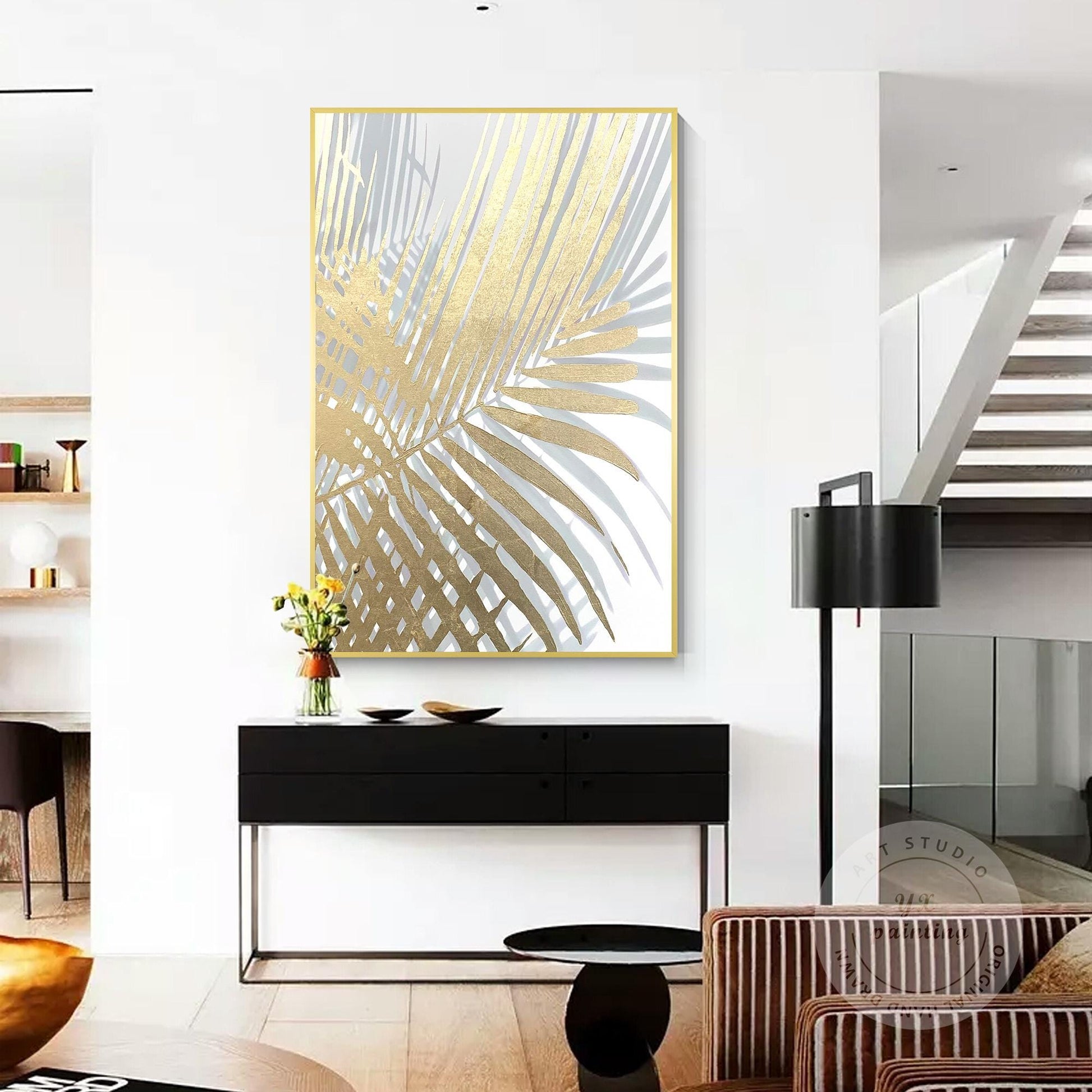 Gold Leaf Abstract Painting, Metallic Palm Tree Wall Art, Textured Botanical Can #4