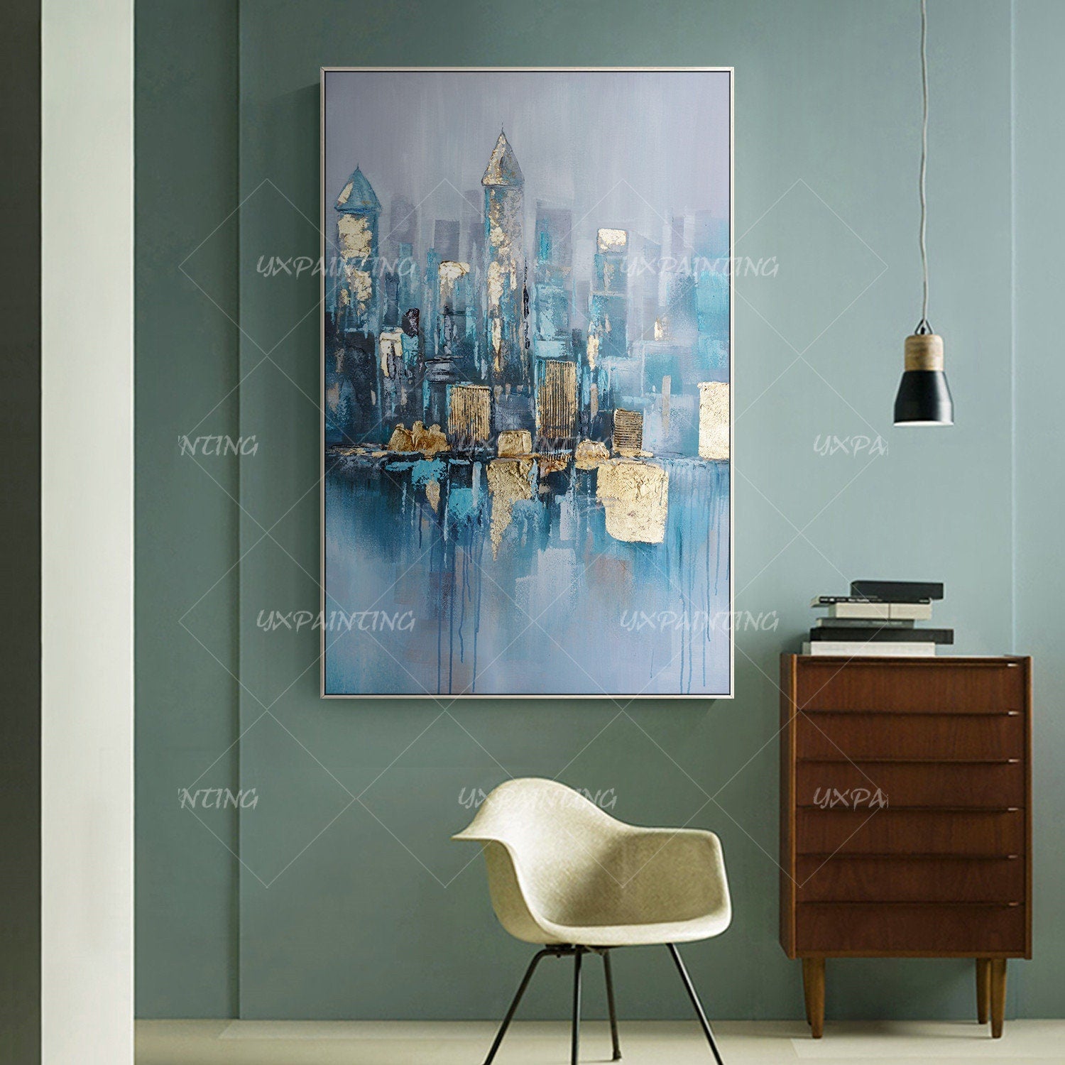 Gold leaf Acrylic Abstract skyline Paintings on Canvas original cityscape Extra  #4