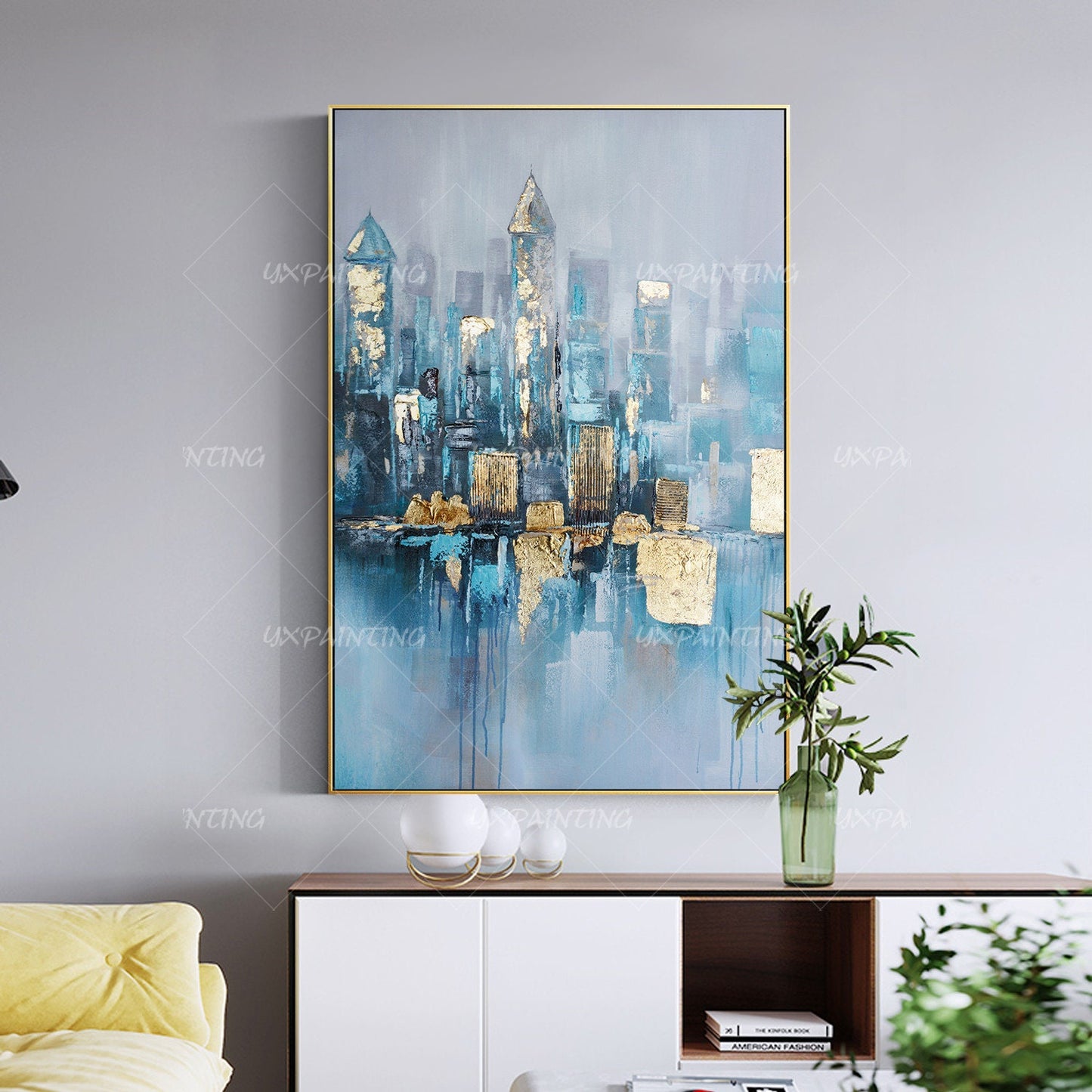 Gold leaf Acrylic Abstract skyline Paintings on Canvas original cityscape Extra  #5