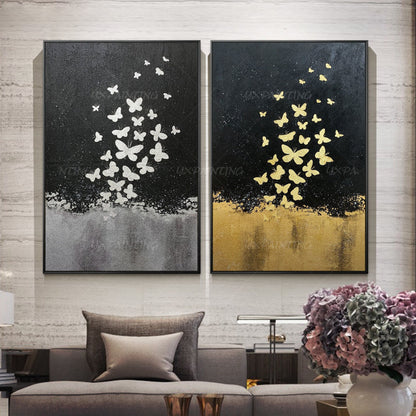 Gold Leaf and Silver leaf set of 2 wall art Abstract butterfly Paintings On Canv #2