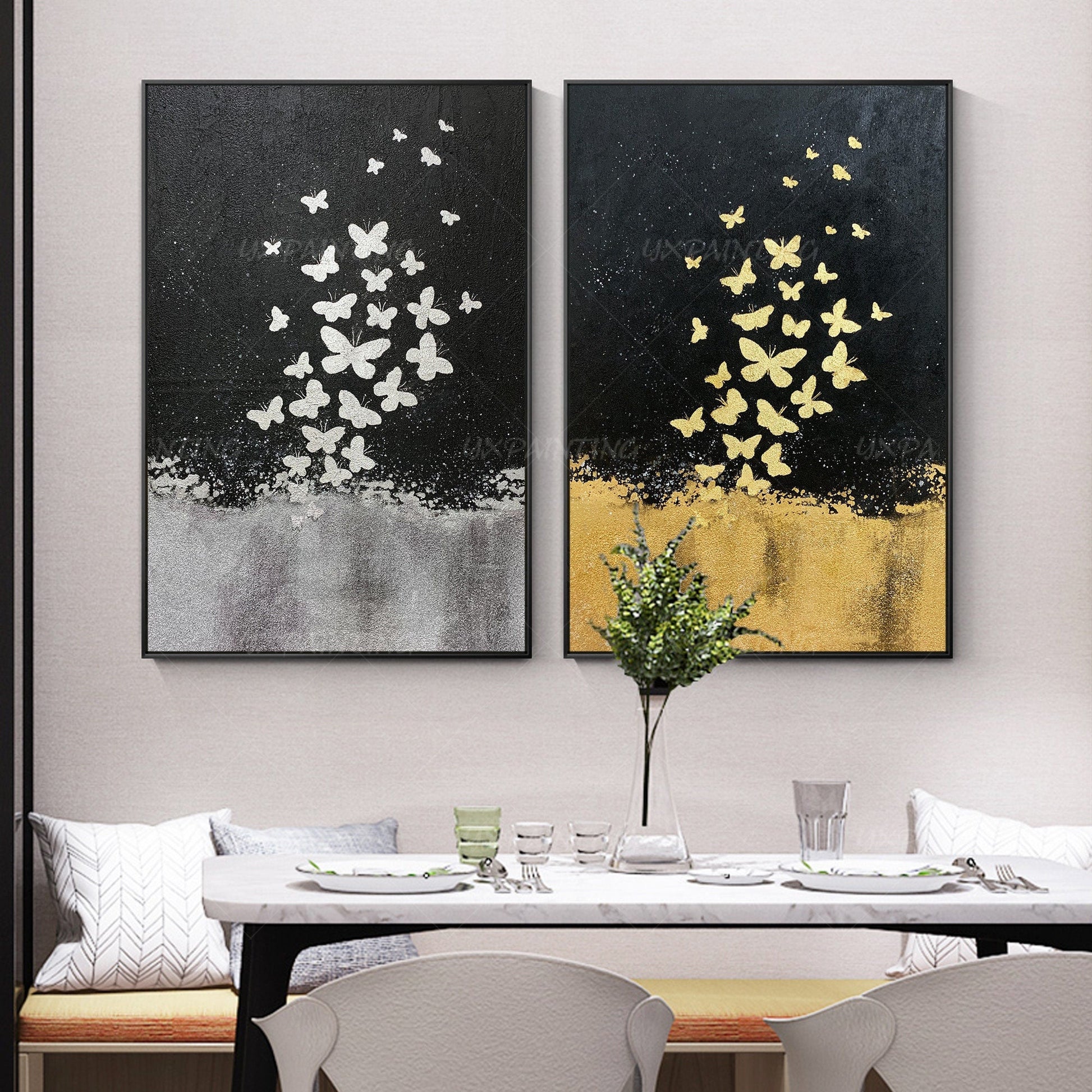 Gold Leaf and Silver leaf set of 2 wall art Abstract butterfly Paintings On Canv #3