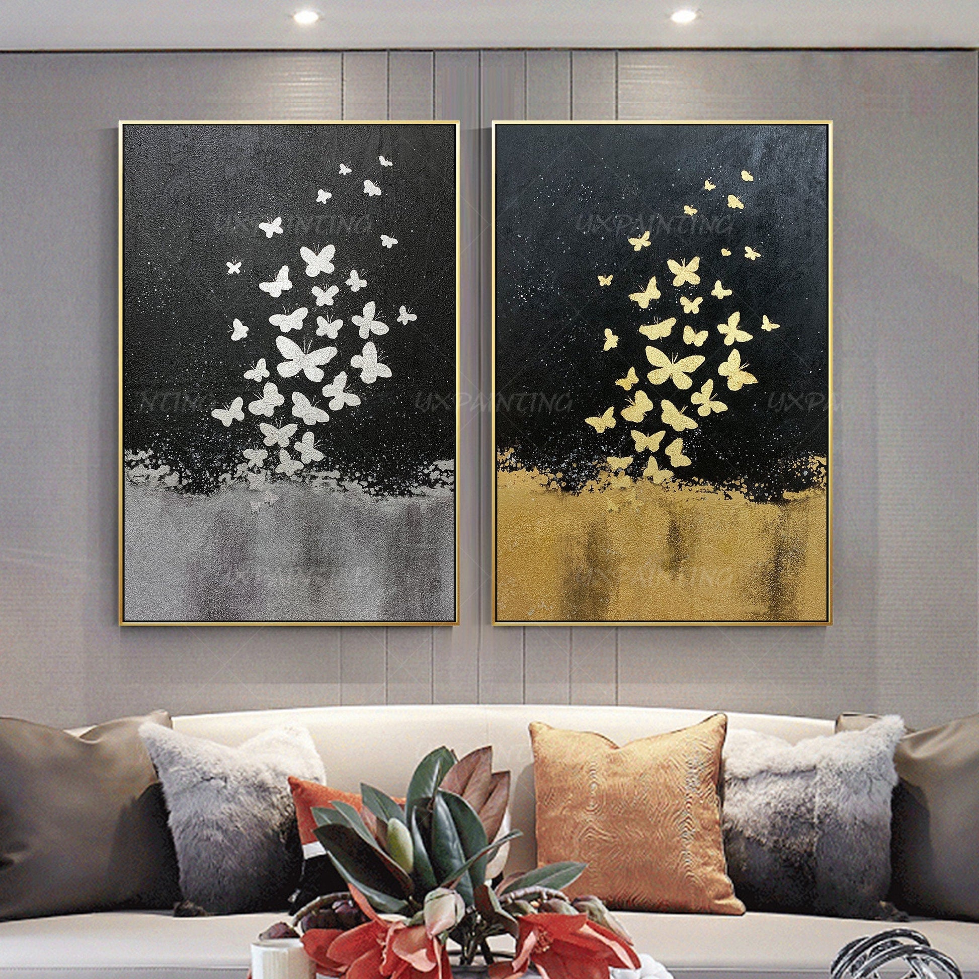 Gold Leaf and Silver leaf set of 2 wall art Abstract butterfly Paintings On Canv #1