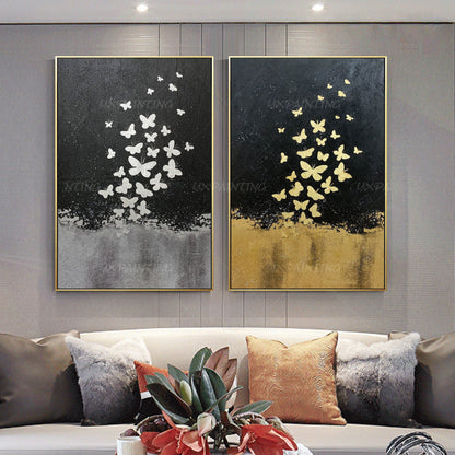 Gold Leaf and Silver leaf set of 2 wall art Abstract butterfly Paintings On Canv #1