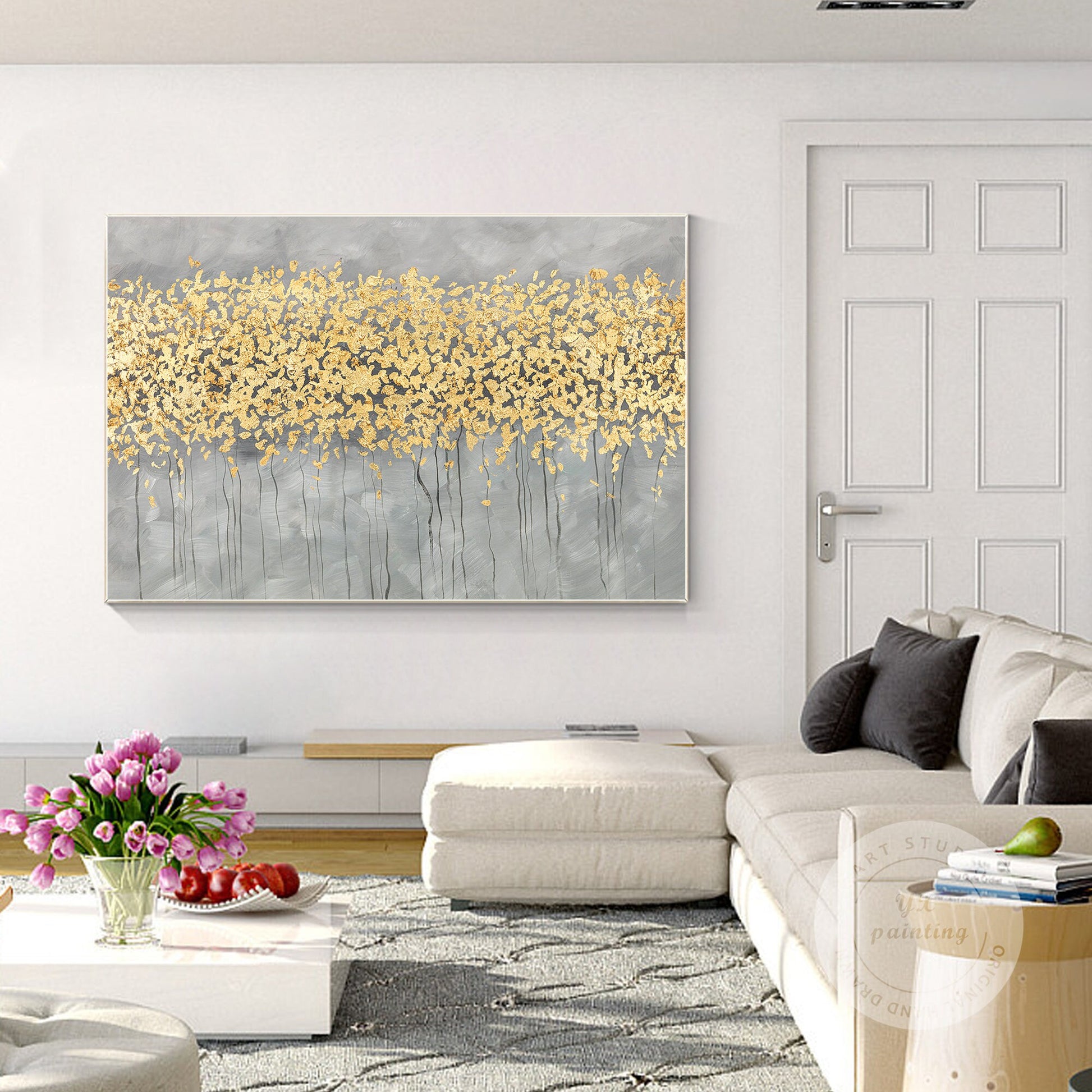 Gold Leaf Flower Painting: Original Abstract Art on Canvas #2