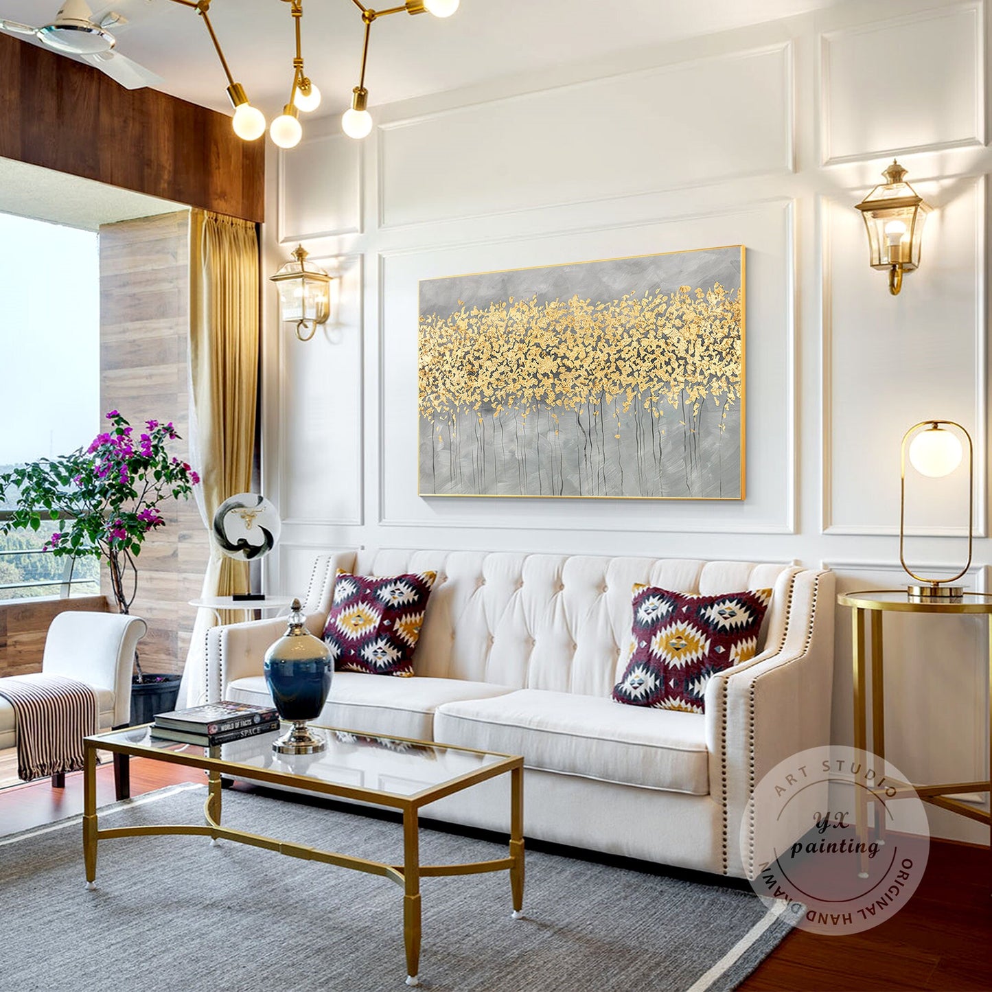 Gold Leaf Flower Painting: Original Abstract Art on Canvas #3