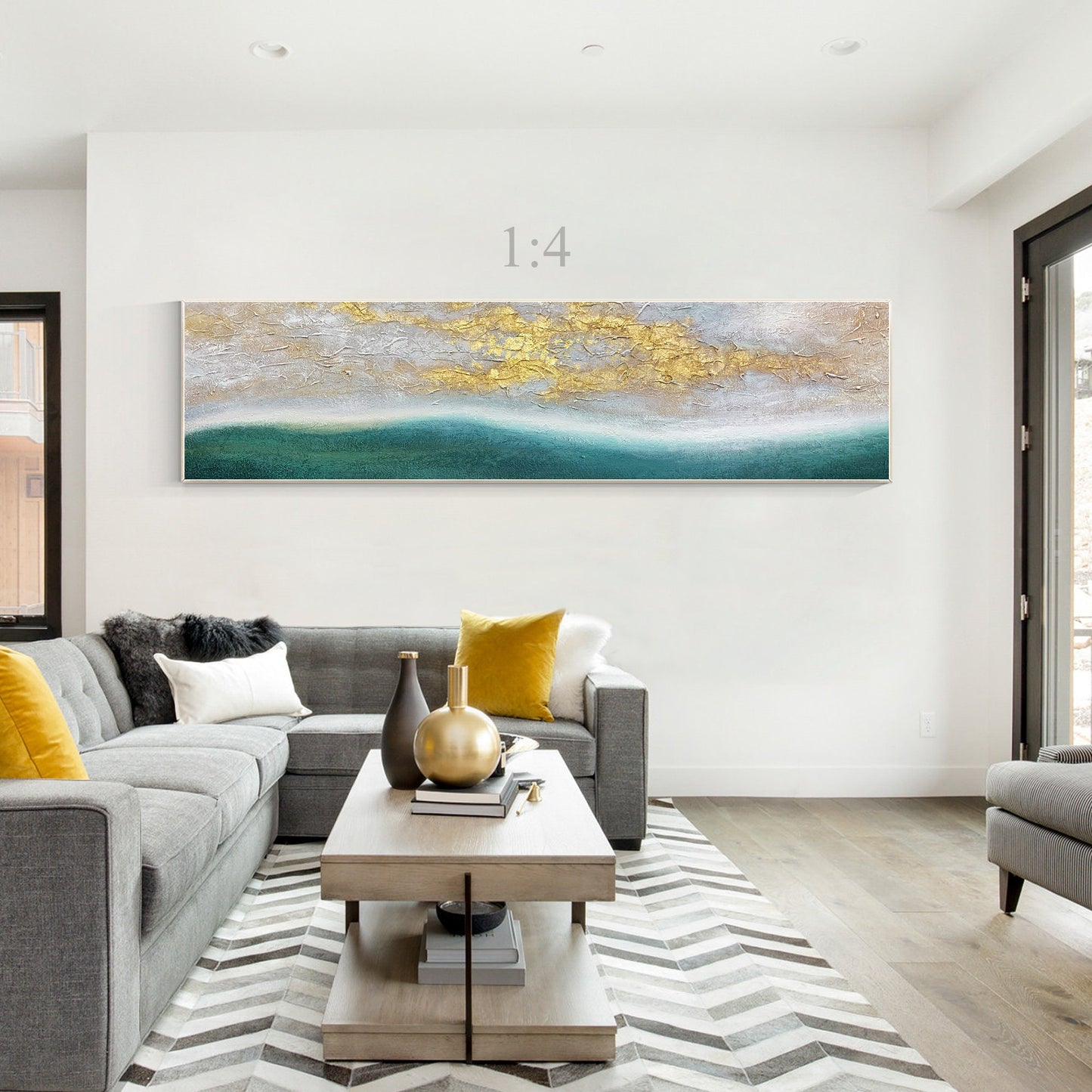 Gold Leaf Green Landscape Painting: Framed Abstract Wall Art #4