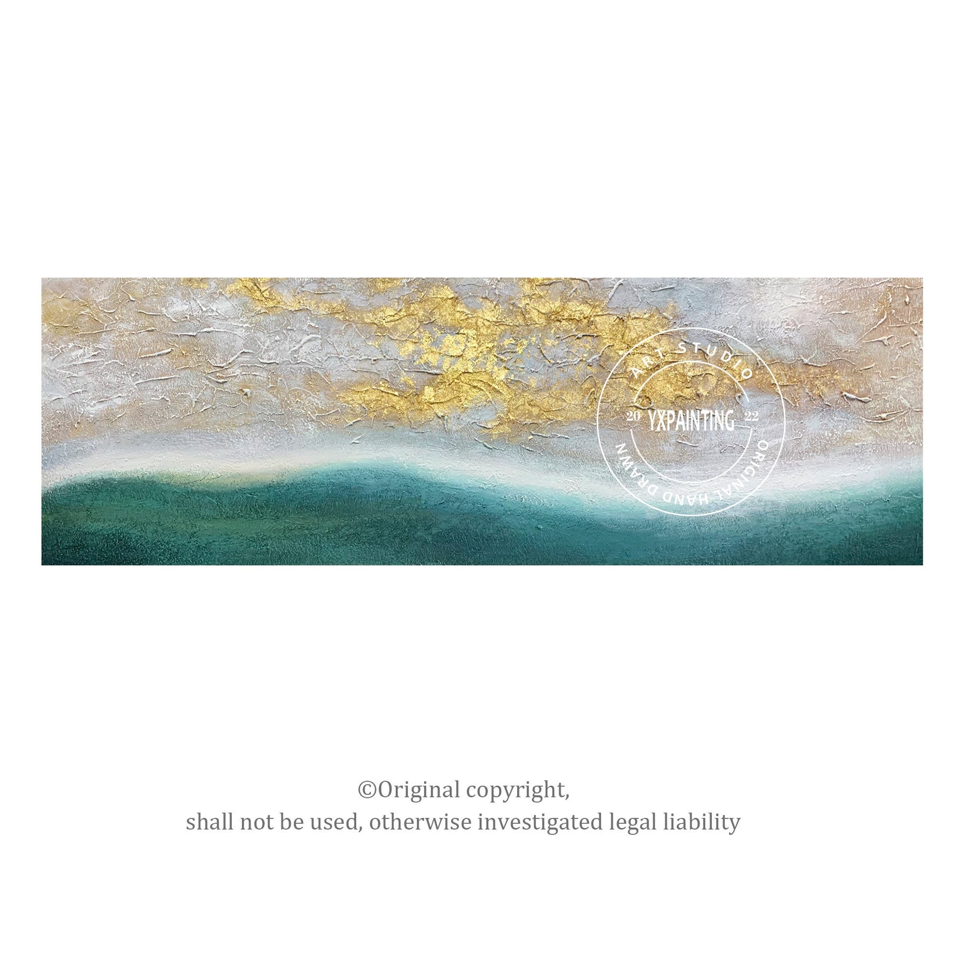 Gold Leaf Green Landscape Painting: Framed Abstract Wall Art #5