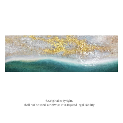 Gold Leaf Green Landscape Painting: Framed Abstract Wall Art #5